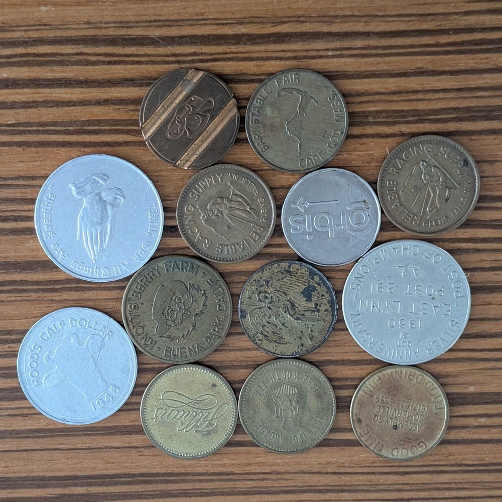 Vtg Token Lot 13pc Knotts Berry Farm 1948 Hoods Calf Dollar‎ Gettone Telefonico